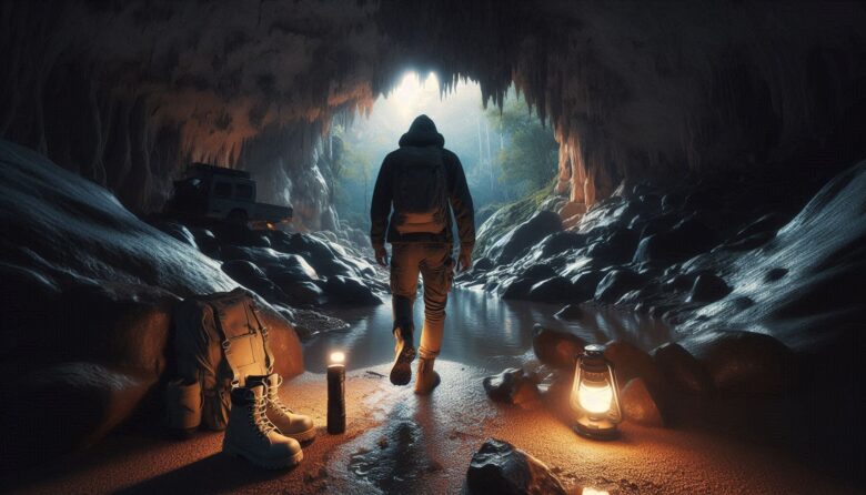 Entrada de uma caverna natural iluminada por luz suave, com um explorador quieto caminhando cuidadosamente, pisando em terreno de pedra sem fazer barulho. Ao lado, itens que simbolizam redução de ruídos: botas com sola silenciosa, lanterna compacta, mochila minimalista. A atmosfera transmite silêncio profundo e imersão total, com tons frios e terrosos, textura úmida das rochas e luz ambiente suave. Estilo fotográfico realista, foco na ideia de tranquilidade, respeito ao ambiente e experiência silenciosa.