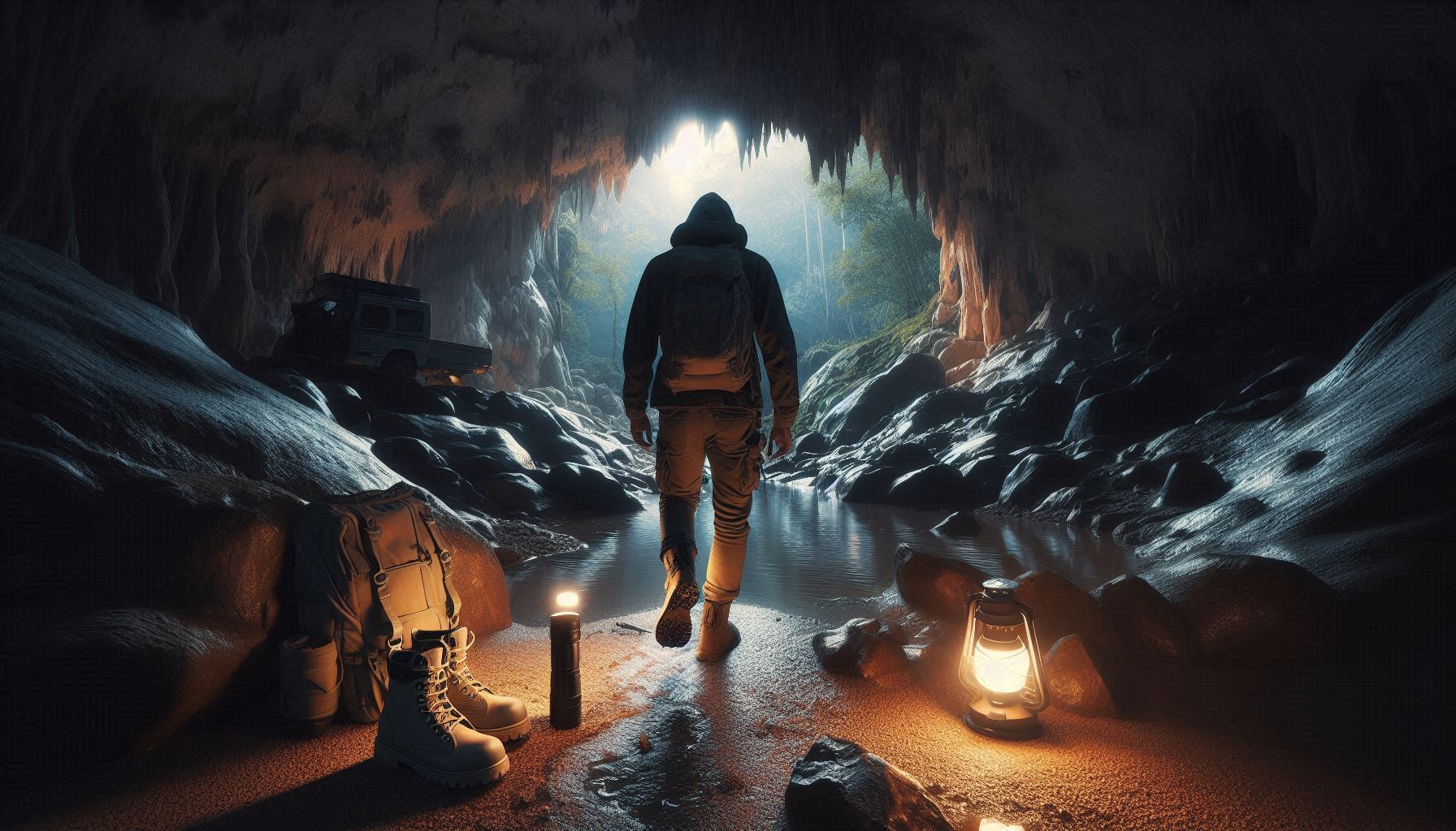 Entrada de uma caverna natural iluminada por luz suave, com um explorador quieto caminhando cuidadosamente, pisando em terreno de pedra sem fazer barulho. Ao lado, itens que simbolizam redução de ruídos: botas com sola silenciosa, lanterna compacta, mochila minimalista. A atmosfera transmite silêncio profundo e imersão total, com tons frios e terrosos, textura úmida das rochas e luz ambiente suave. Estilo fotográfico realista, foco na ideia de tranquilidade, respeito ao ambiente e experiência silenciosa.