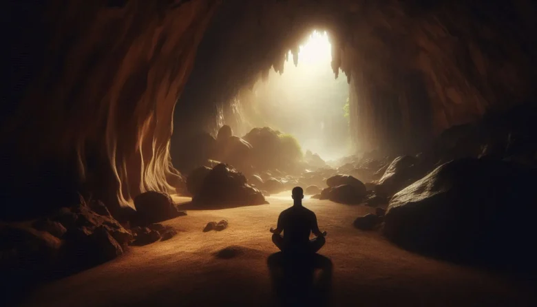 Uma caverna profunda iluminada por uma luz suave que entra por uma abertura superior. No centro, uma pessoa sentada em posição de meditação, vista de costas e em silhueta, transmitindo calma e introspecção. O ambiente é amplo, com formações rochosas naturais, névoa leve e atmosfera sagrada. Tons terrosos, luz dourada difusa, sensação de silêncio absoluto e energia espiritual. Estilo realista, fotografia cinematográfica, foco na conexão interior e na profundidade emocional do cenário.