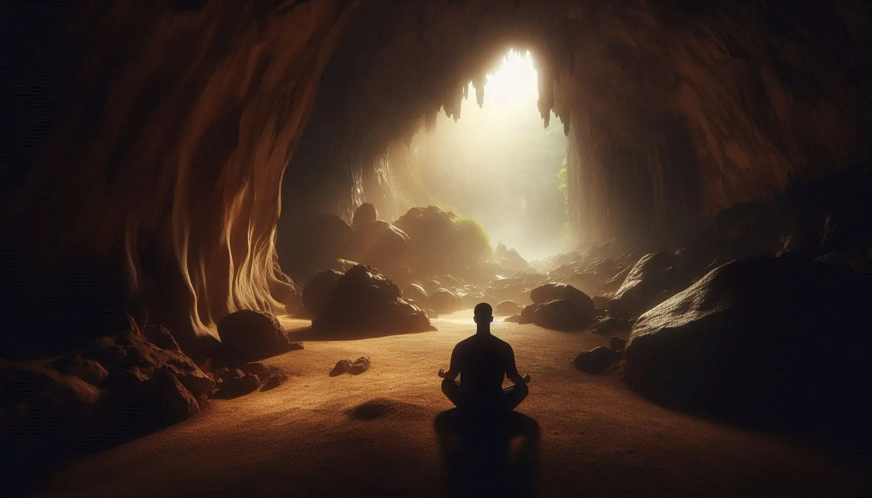 Uma caverna profunda iluminada por uma luz suave que entra por uma abertura superior. No centro, uma pessoa sentada em posição de meditação, vista de costas e em silhueta, transmitindo calma e introspecção. O ambiente é amplo, com formações rochosas naturais, névoa leve e atmosfera sagrada. Tons terrosos, luz dourada difusa, sensação de silêncio absoluto e energia espiritual. Estilo realista, fotografia cinematográfica, foco na conexão interior e na profundidade emocional do cenário.